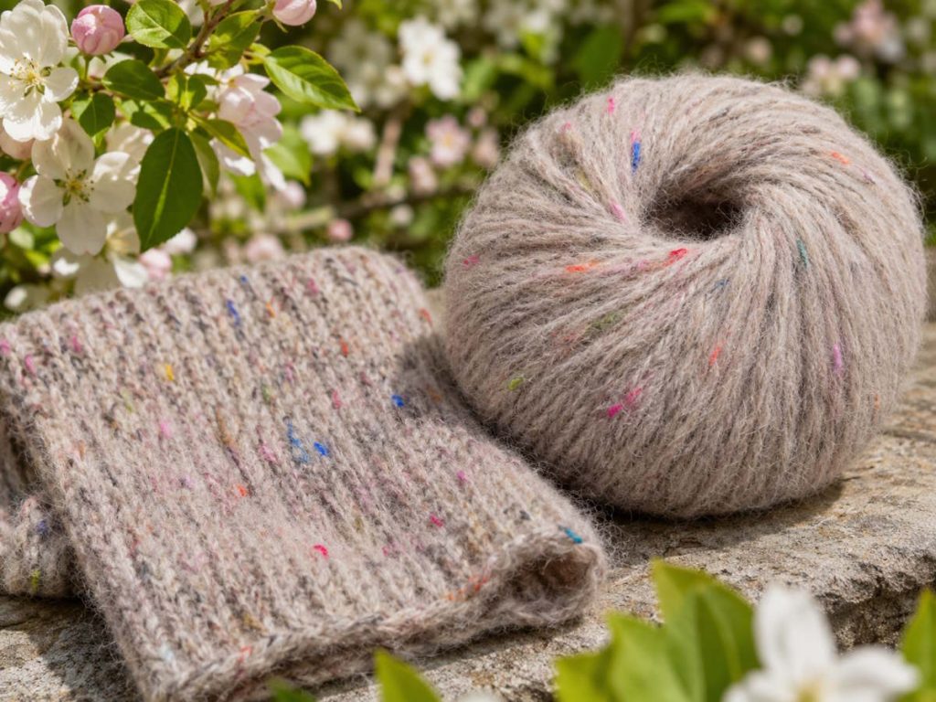 Tweed Blowgarn med strikkeprøve ligger på en bænk i en have omgivet af æblegrene med blomster