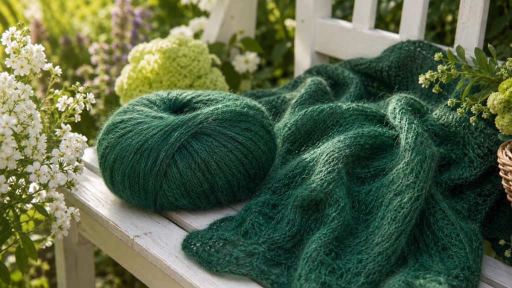 Et smukt grønt blow yarn er ved at blive strikket til et fin tørklæde med kanter i hulmønster - det ligger på en havebænk omgivet af hvide blomster
