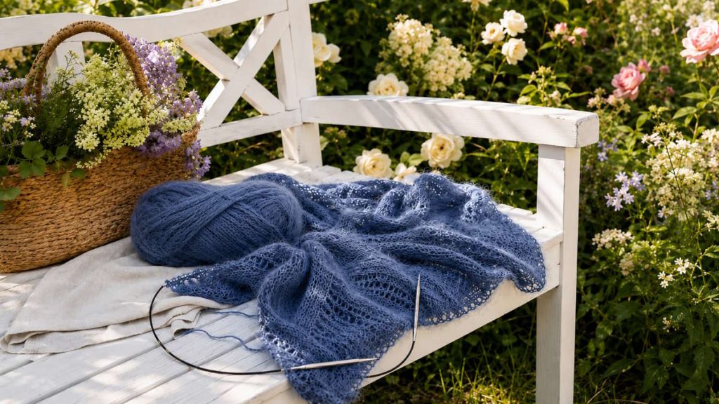 Børstet Alpakka garnnøgle uden banderole i blå med matchende luftigt strikket sjal på rundpind, fotograferet på en hvid havebænk i en blomstrende sommerhave.