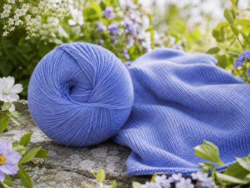 Lys blå Merino garn uden banderole vist som garnnøgle og strikket prøve med fin, jævn maskestruktur, omgivet af grønne blade og små blomster i en lys have.