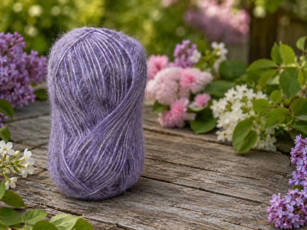 Garnnøgle på et bord i en have omgivet af blomster i lilla, lyserød og hvis - garnet er virkelig blødt